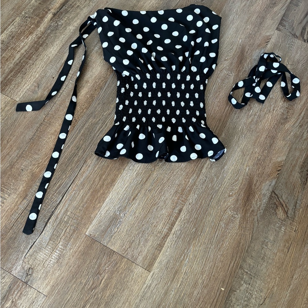 Black and White Polka Dot Top with neck or sleeve tie and cinched waist